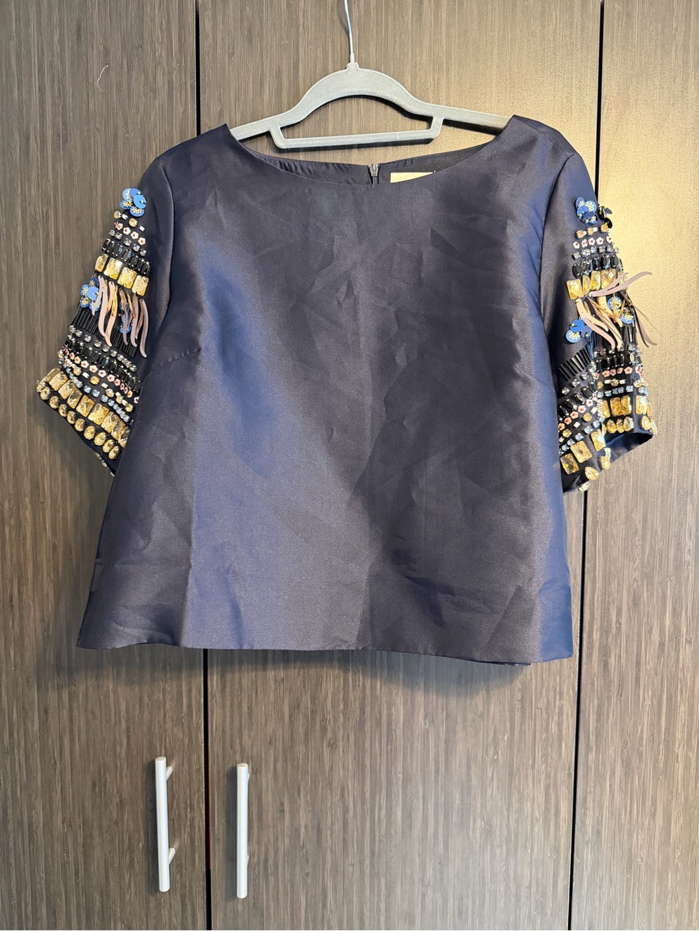 Maeve Navy Embellished Short Sleeve Top